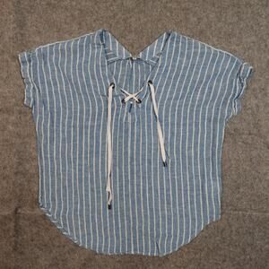 Rails Top Womens Small Jeri Linen St Germain Stripe‎ Blue Beachy Lace Up Tie